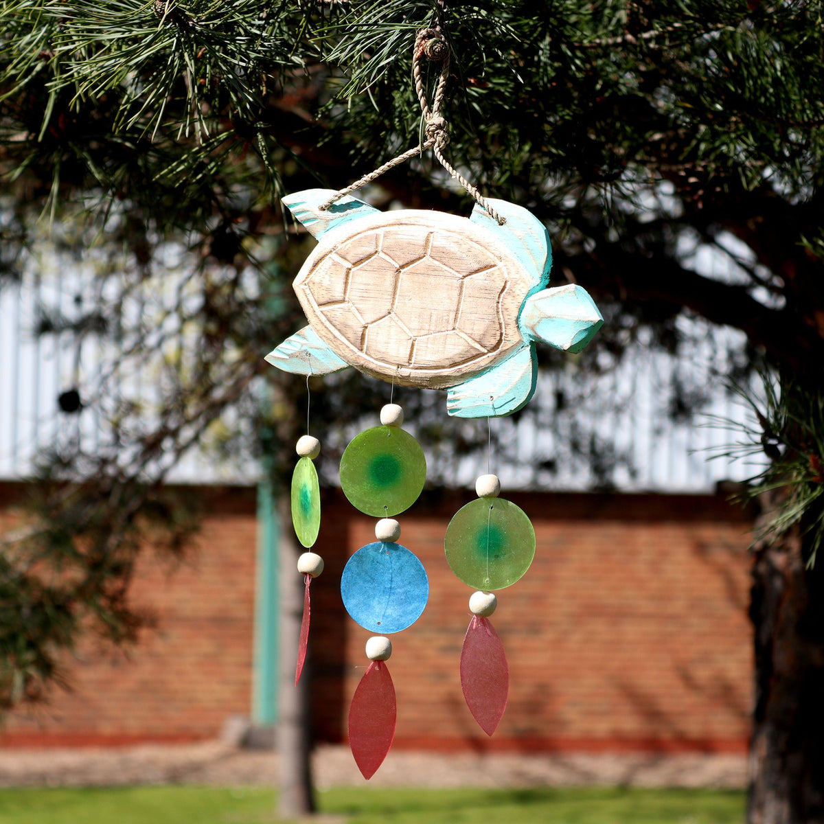 Aqua Turtle Carving & Capiz Shell Wind Chime