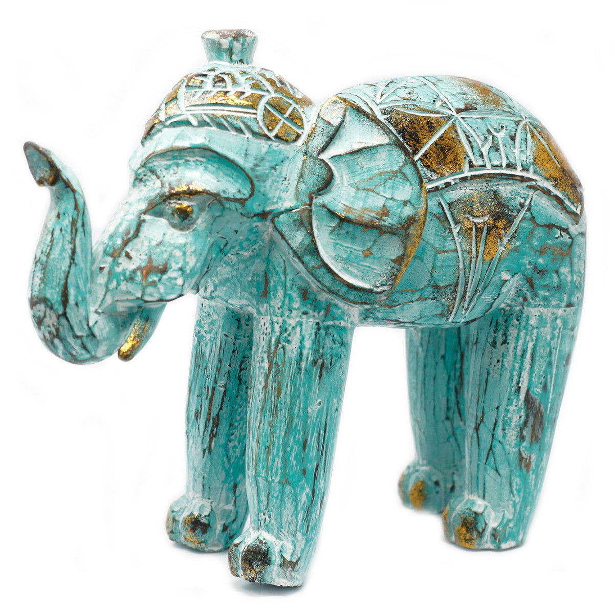 Carved Wood Elephant Statue, Turquoise and Gold – view 4