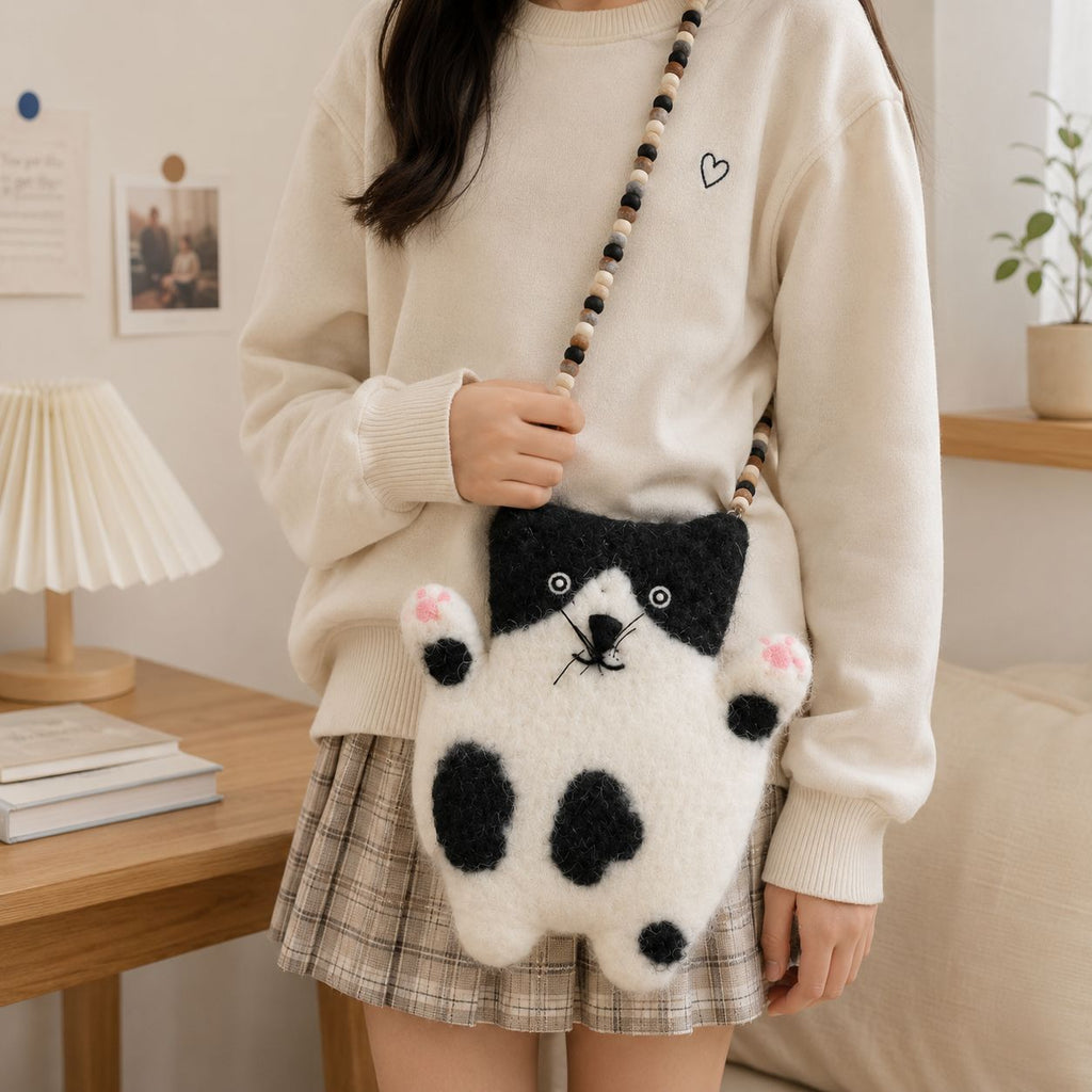 Stacy the Flat Cat Felted Bag with Felt Ball Strap – view 3