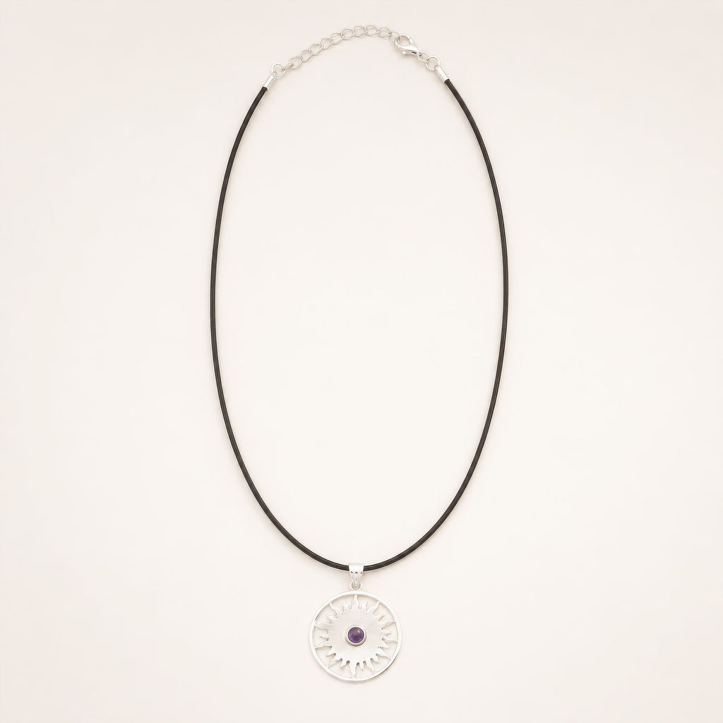 Sun Worship Amethyst Pendant Necklace Silver Plated Cord – view 2