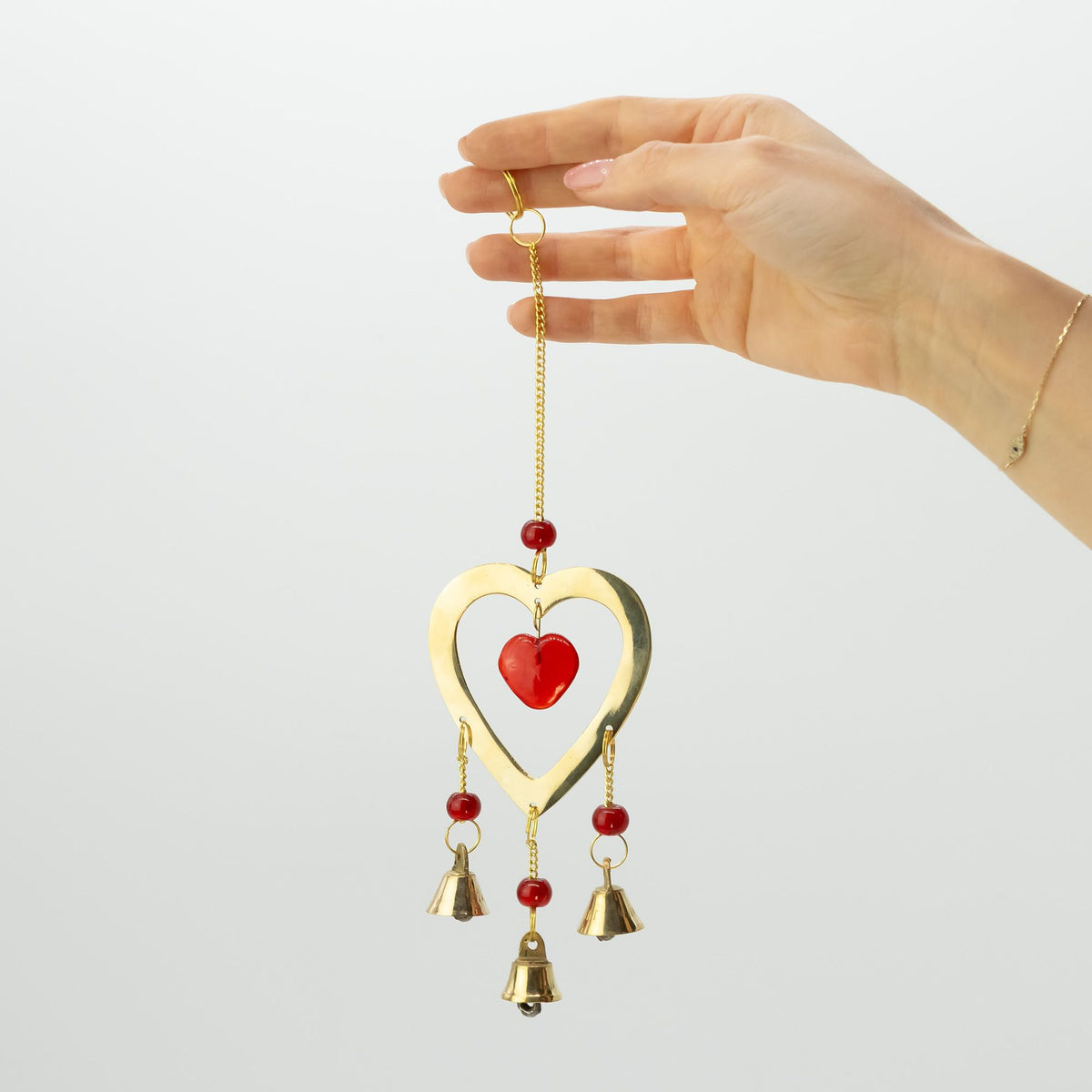 Brass Wind Chime with Ruby Glass Heart Beads, 6.5x24cm – view 2