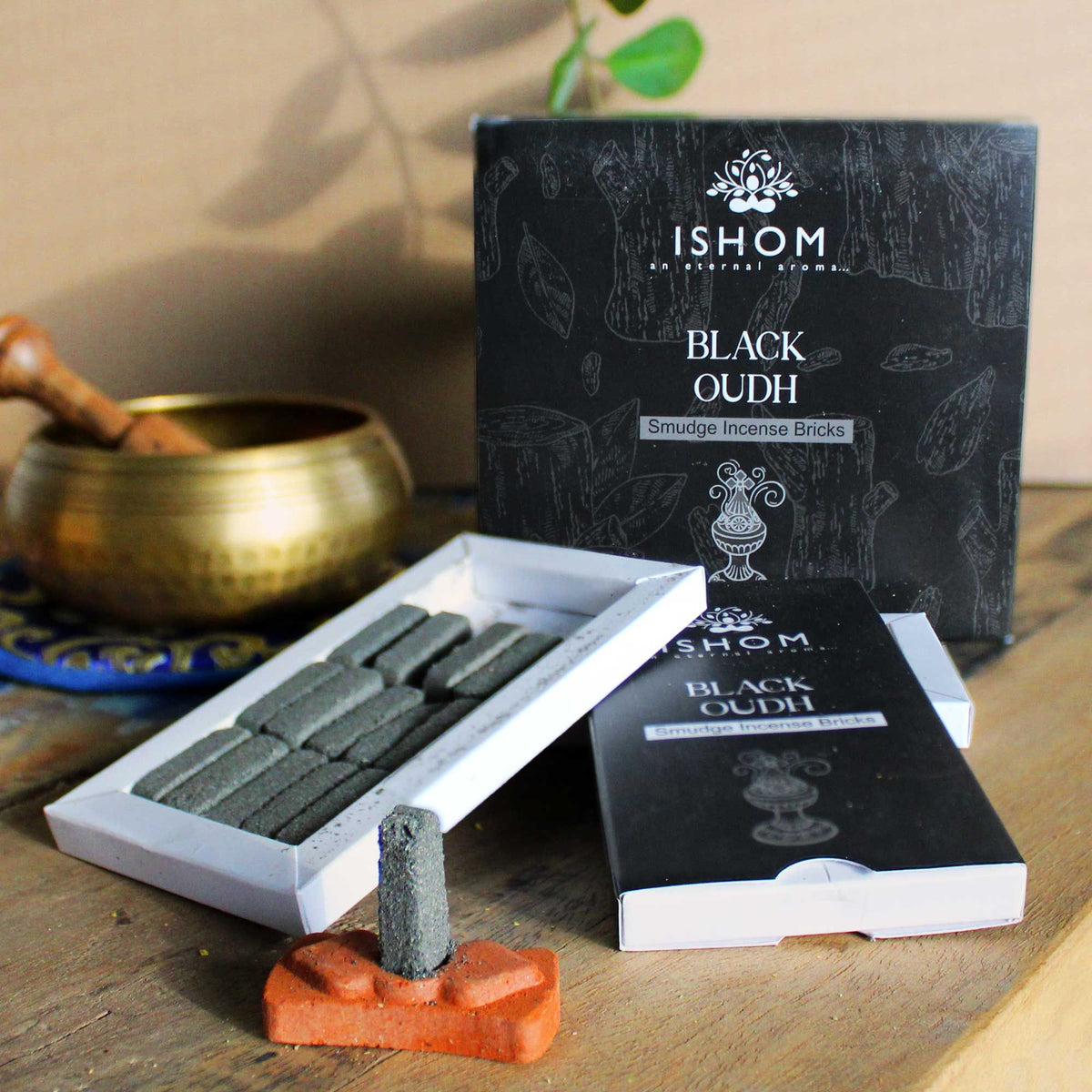 Black Wood Incense Bricks Set of 15 with Terracotta Burner