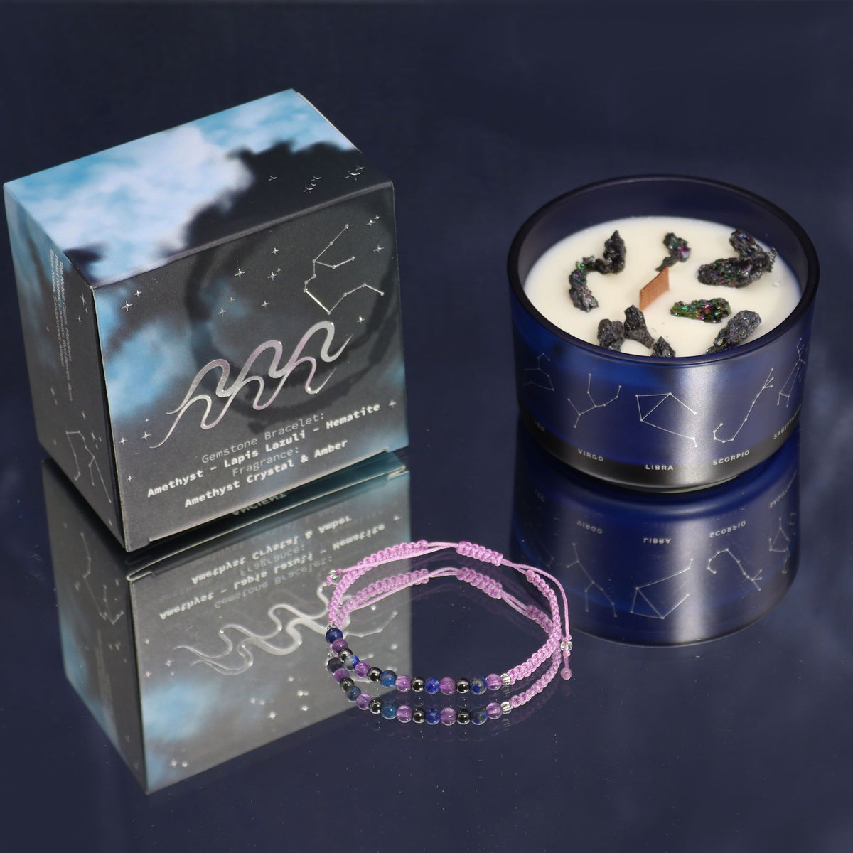 Aquarius Zodiac Crystal Candle with Gemstone Bracelet – view 2