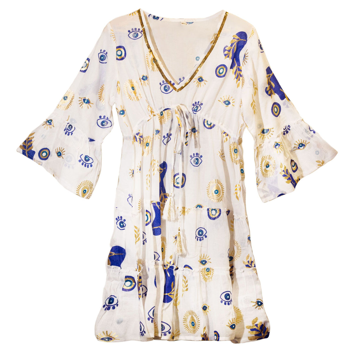Nomad Sari Evil Eye Dress in White, Blue & Gold, Size M/L – view 3