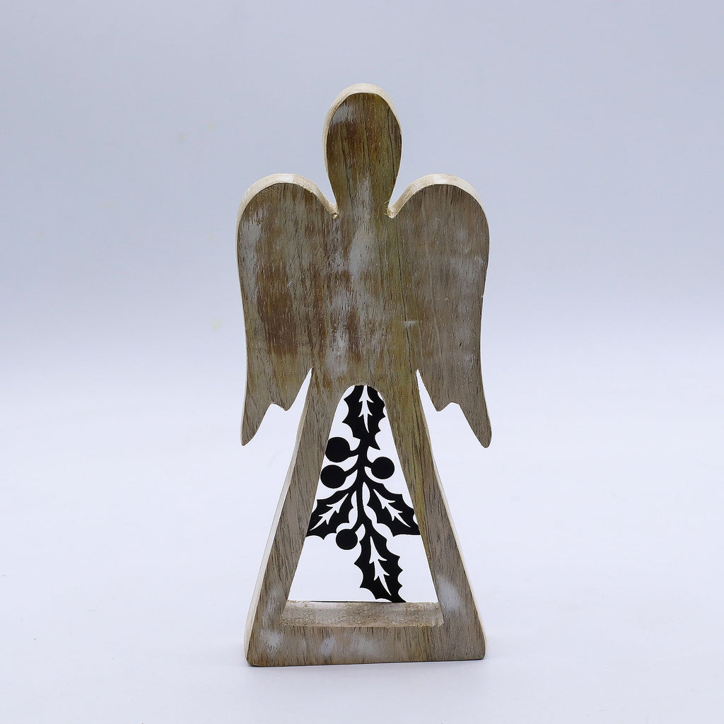 Mango Wood Angel - Whitewash, Iron Holly Cut-Out – view 2