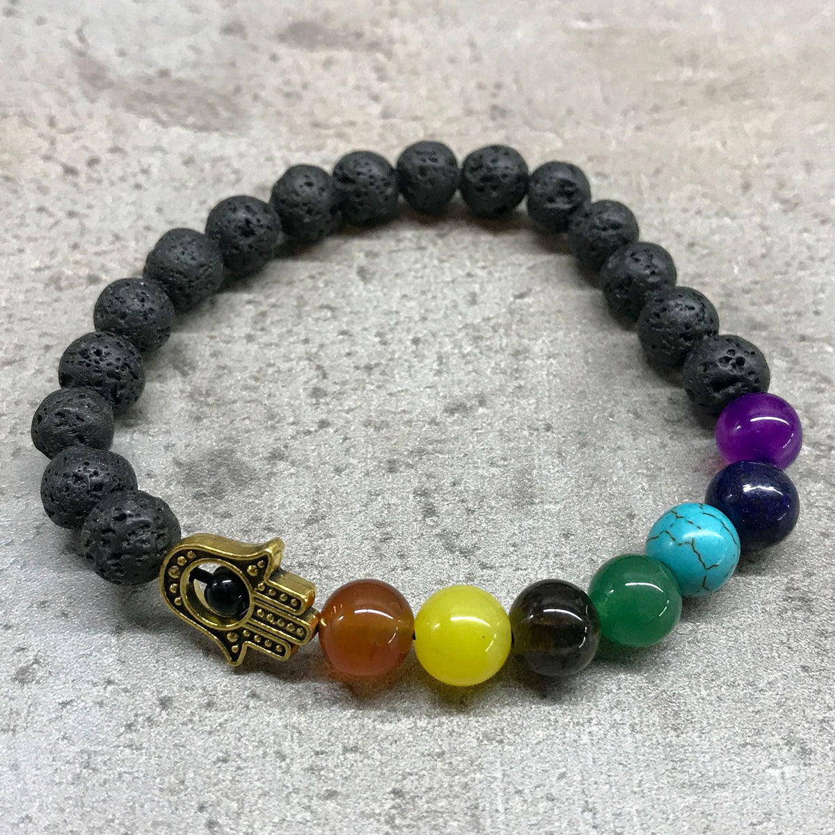 Lava Stone Bracelet with Hamsa Charm and Chakra Beads – view 2