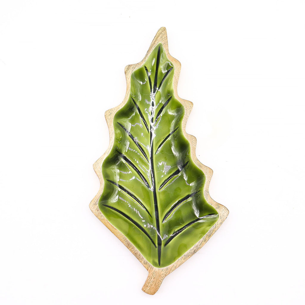 Green Enamel Leaf Wooden Bowl - 33 x 17 cm