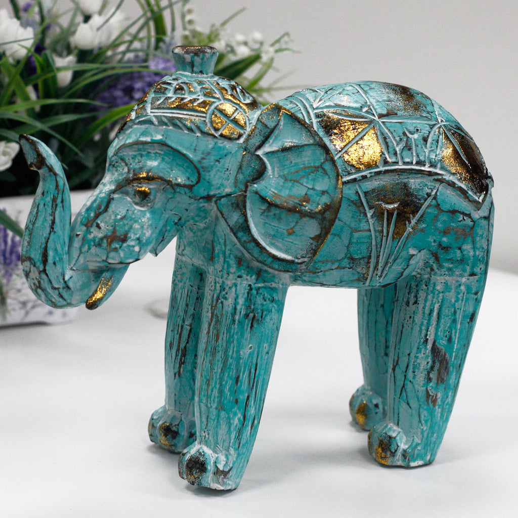 Carved Wood Elephant Statue, Turquoise and Gold – view 5