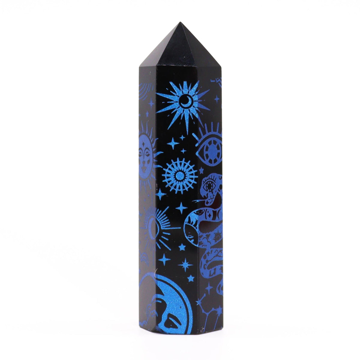Engraved Black Obsidian Point - Midnight Blue Celestial Symbols – view 4