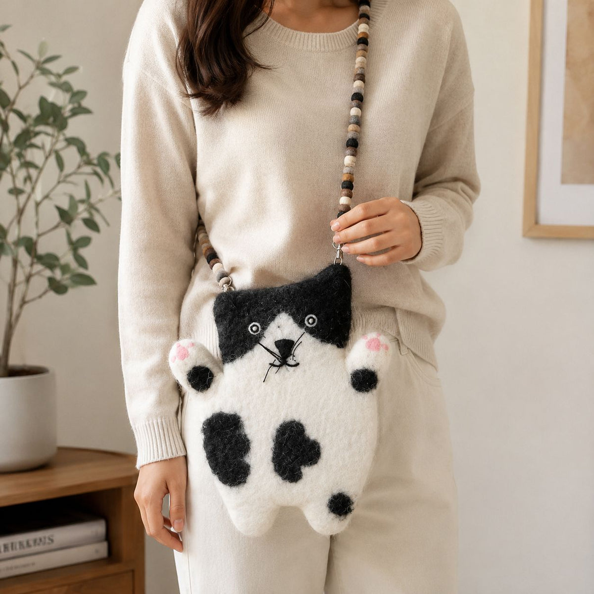 Stacy the Flat Cat Felted Bag with Felt Ball Strap – view 4