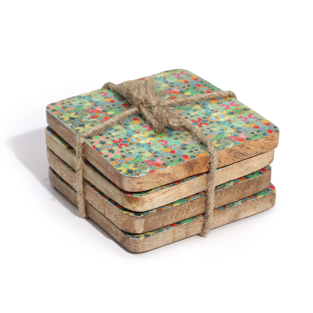 Set of 4 Square Mango Wood Coasters - Tile Pattern – view 6