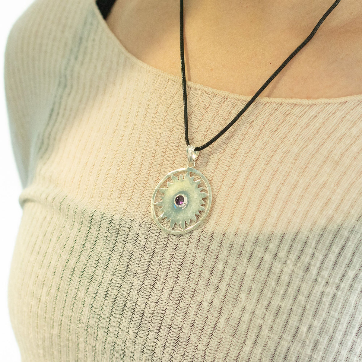Sun Worship Amethyst Pendant Necklace Silver Plated Cord – view 3