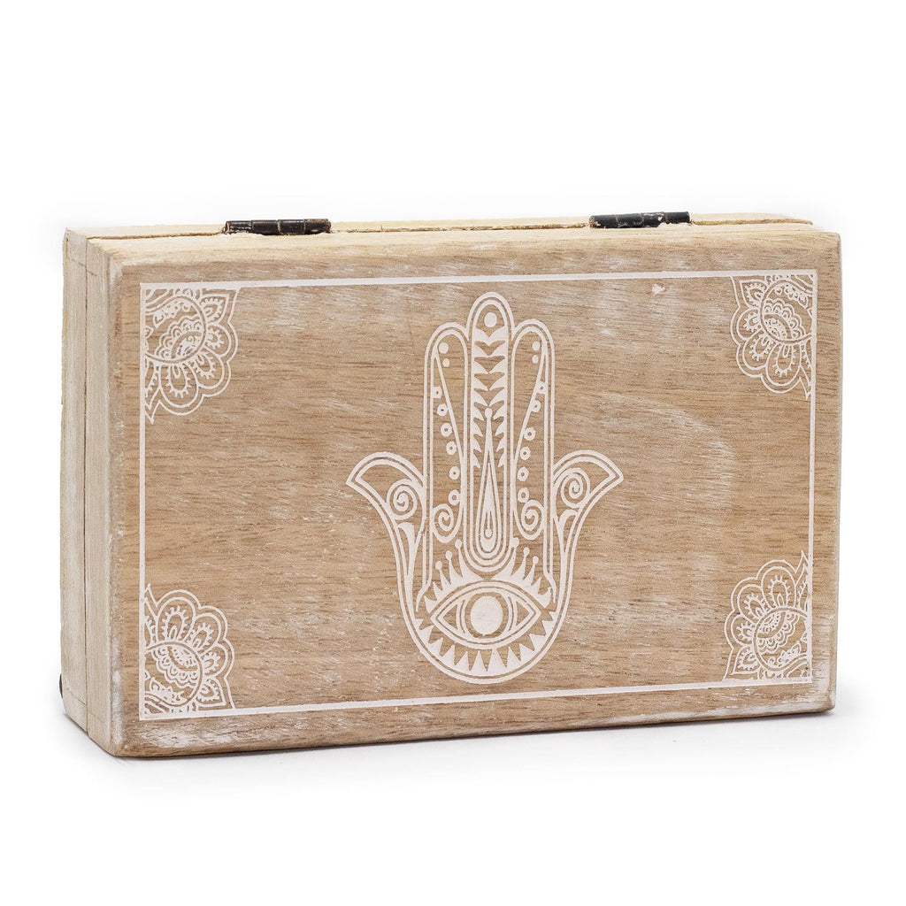 Mango Wood Rectangular Box, Hamsa Whitewash