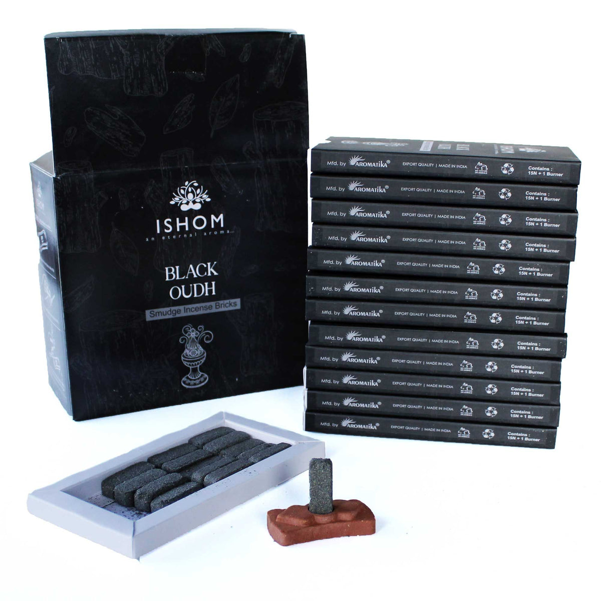 Black Wood Incense Bricks Set of 15 with Terracotta Burner – view 3
