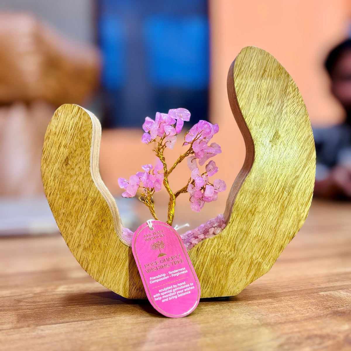 Gemstone Wishing Tree - Rose Quartz on Mango Wood Ring