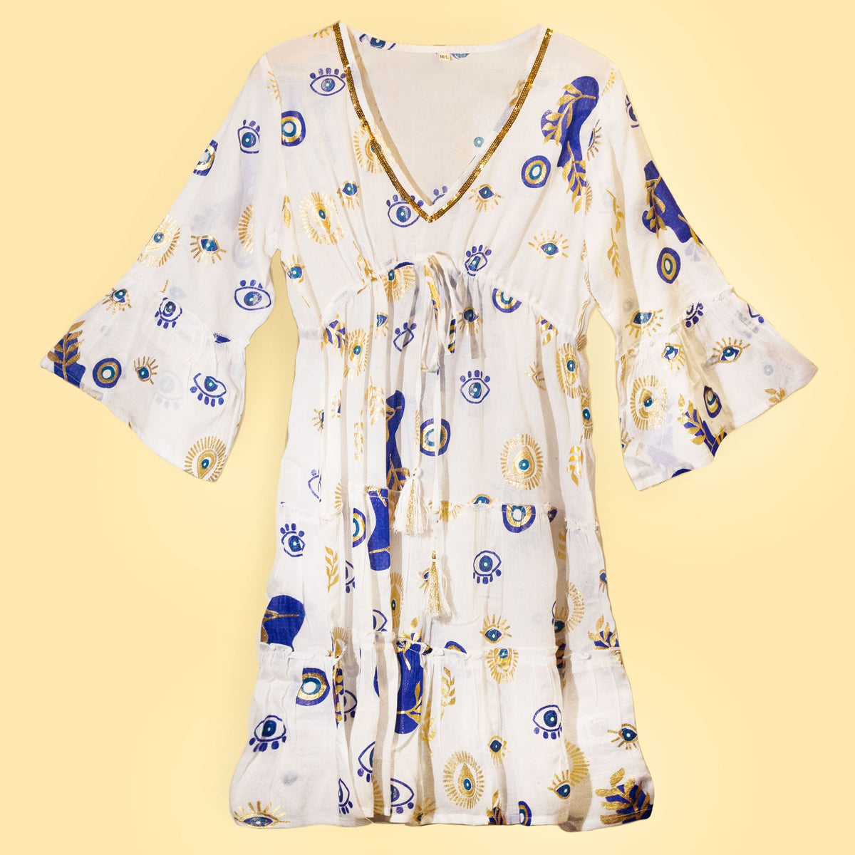 Nomad Sari Evil Eye Dress in White, Blue & Gold, Size M/L – view 5
