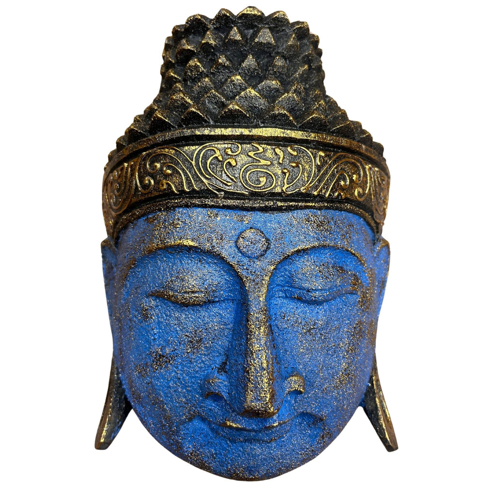 Hand Carved Buddha Head Wall Decor, 25 cm, Blue Shine