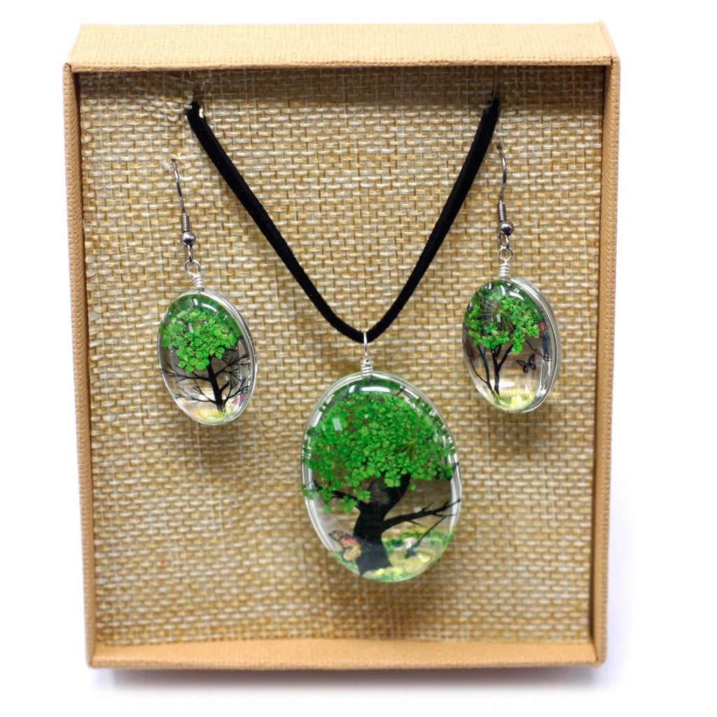 Tree of Life Pressed Flower Jewellery Set - Green – view 3