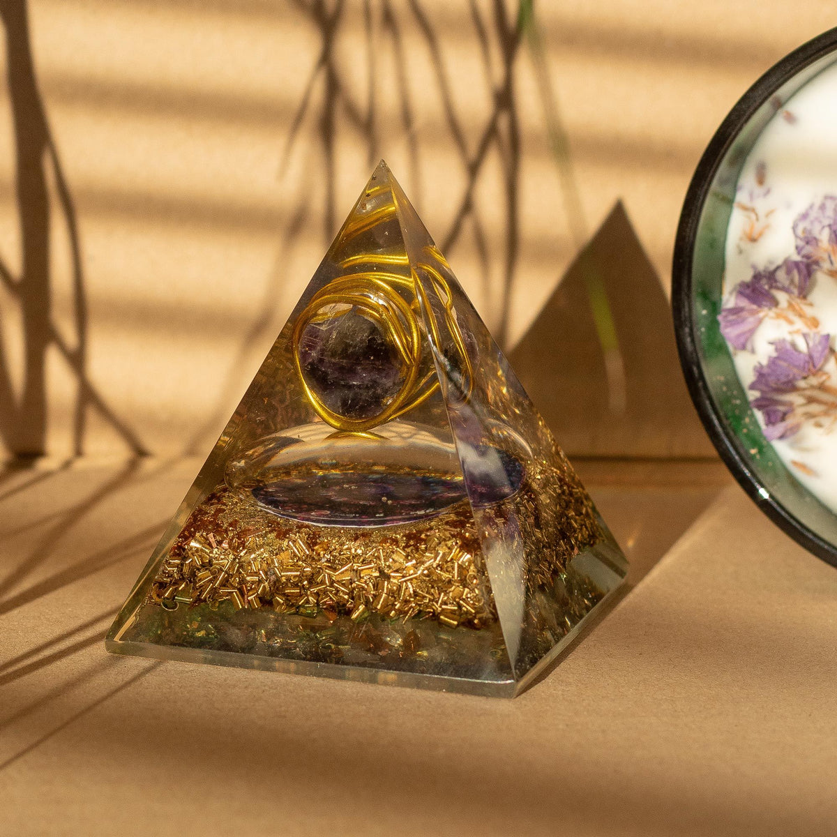 Orgonite Pyramid 7.5cm - Wire-Wrapped Amethyst and Copper Chips