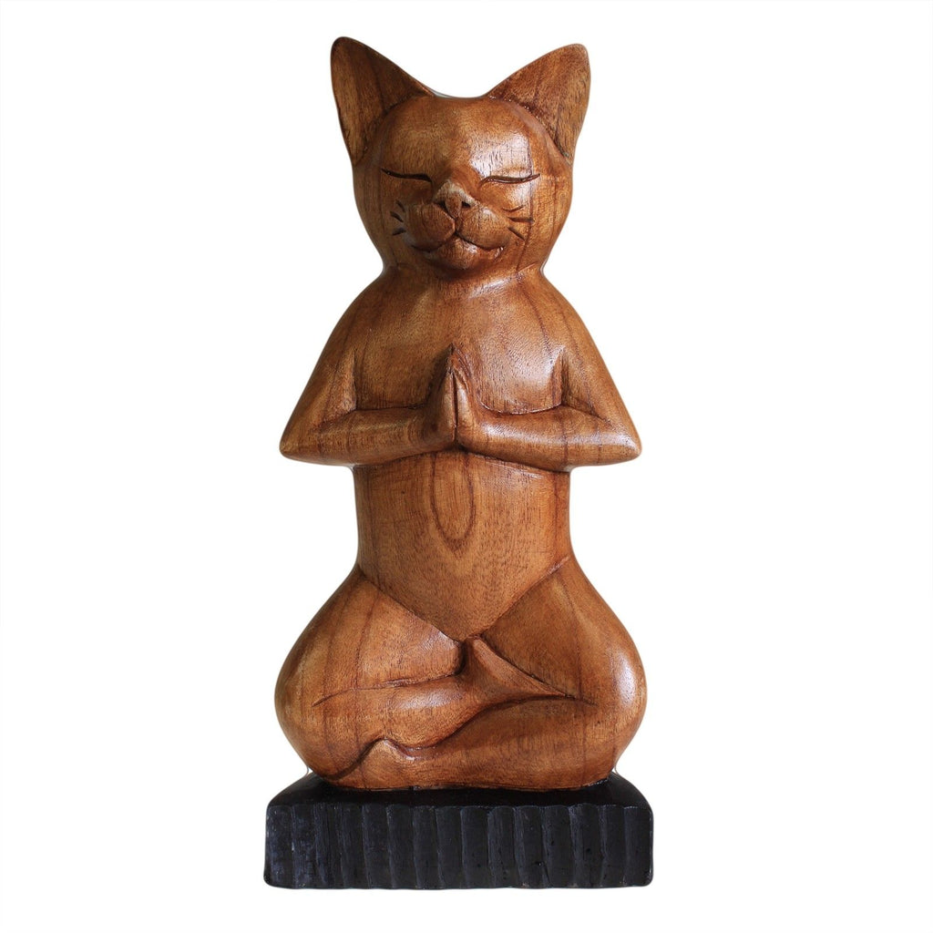 Hand-Carved Yoga Cat Statue - Lotus Pose, Suar Wood
