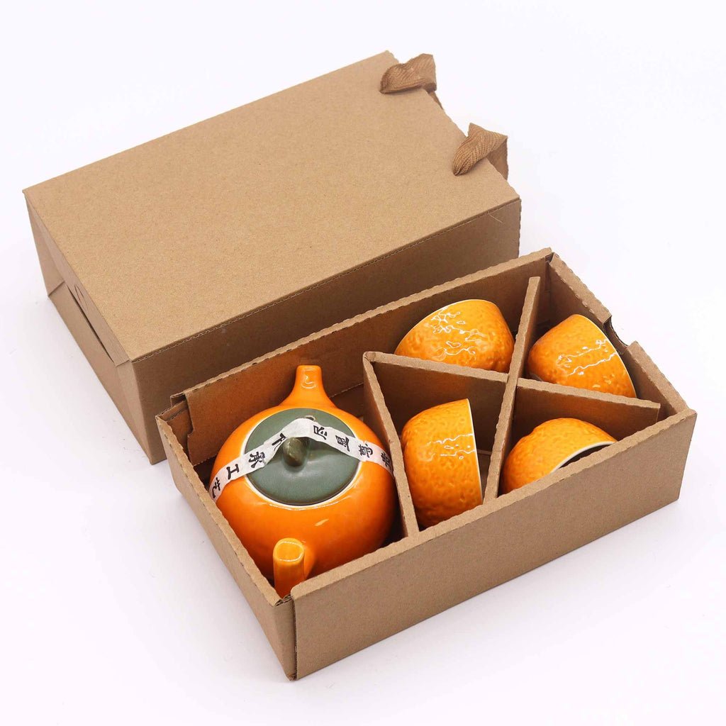 Orange Ceramic Teapot Set - Pot & Four Cups