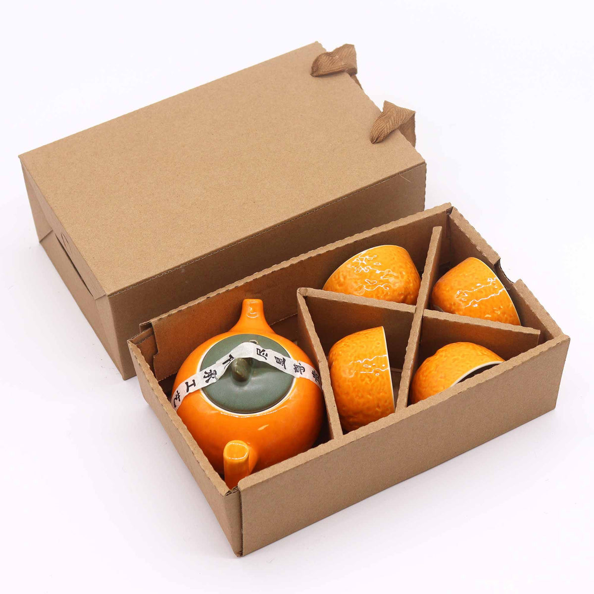 Orange Ceramic Teapot Set - Pot & Four Cups