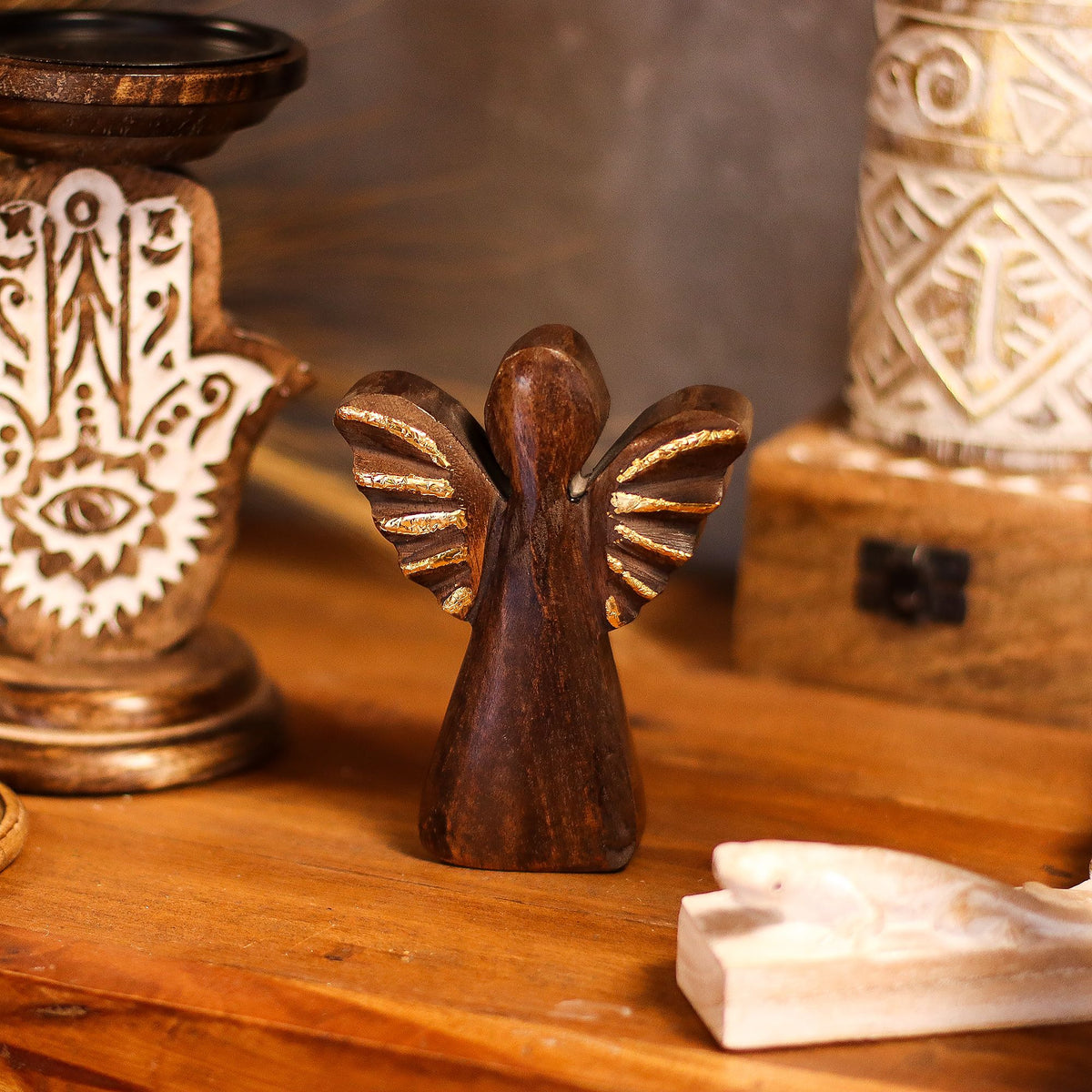 Small Mango Wood Angel - Gold Wings, 12cm – view 8