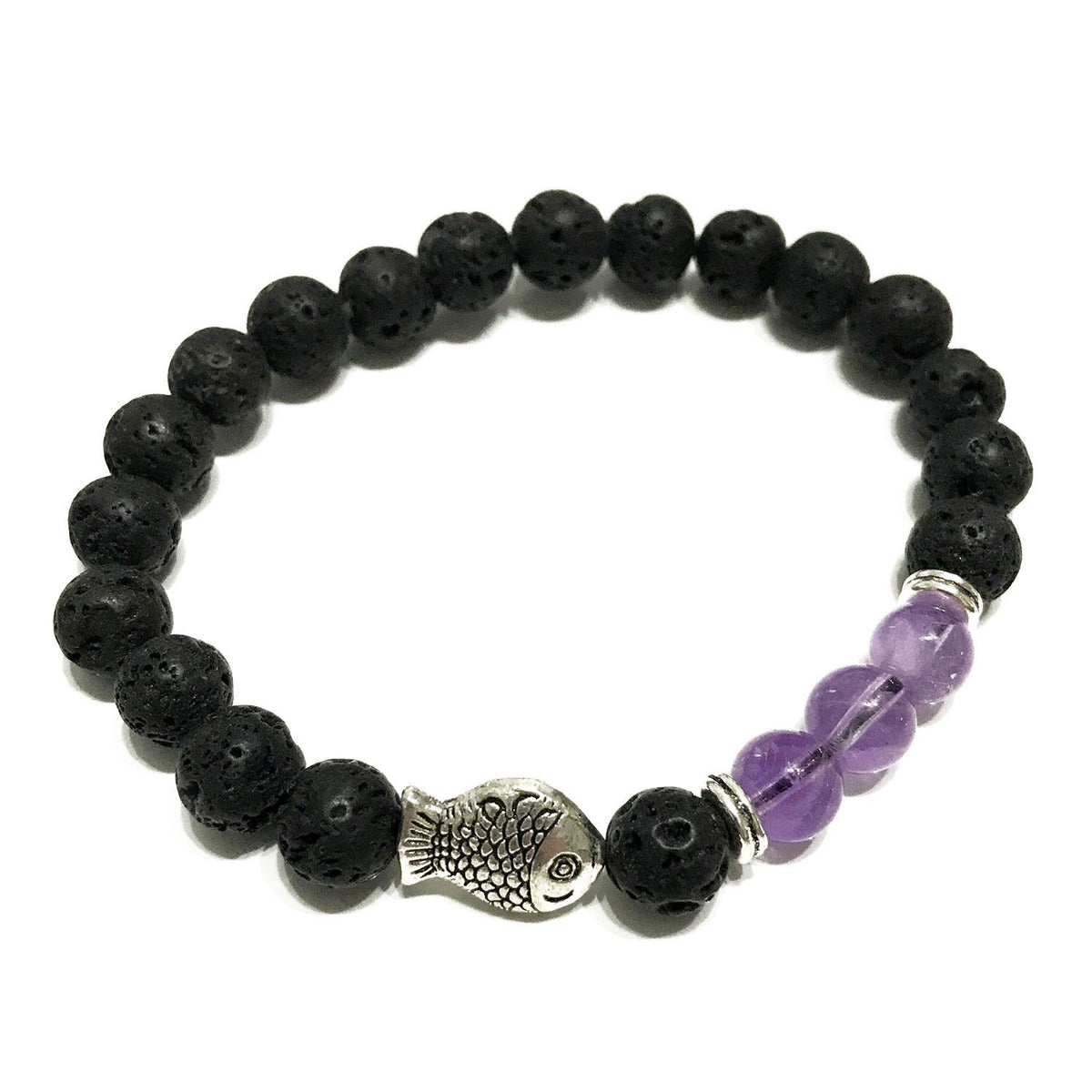 Lava Stone Bracelet with Fish Charm and Amethyst – view 2