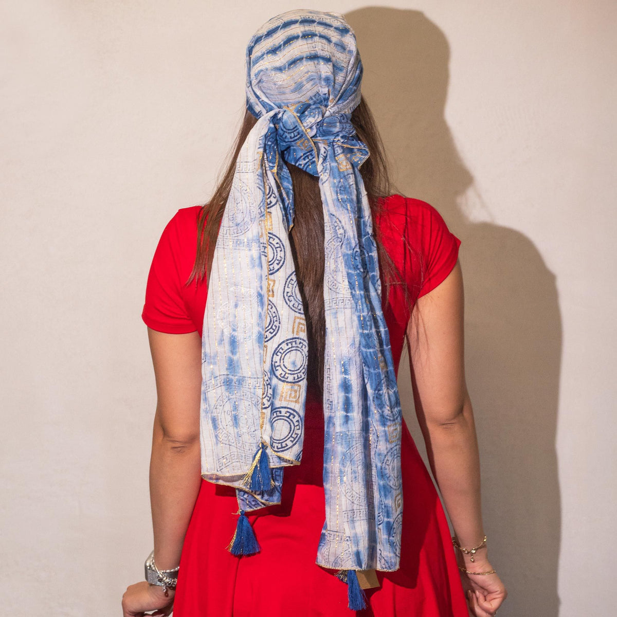 Nomad Sari Blue Marbella Print Scarf with Gold (180 x 50 cm) – view 2