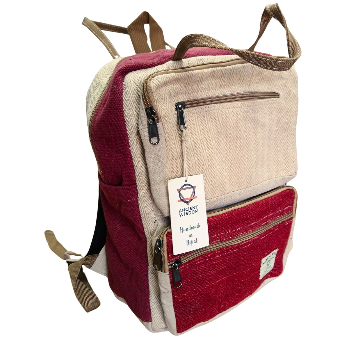 Large Boxy Hemp Backpack - Wine & Cream – view 2