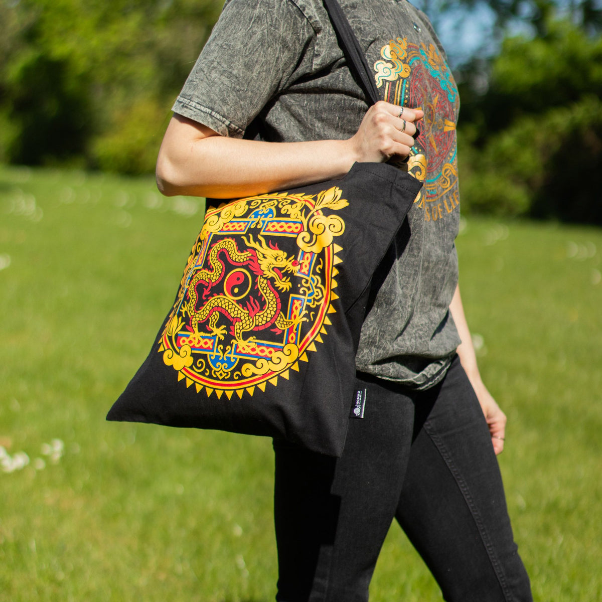Dragon Yin Yang Cotton Tote Bag - Black – view 6