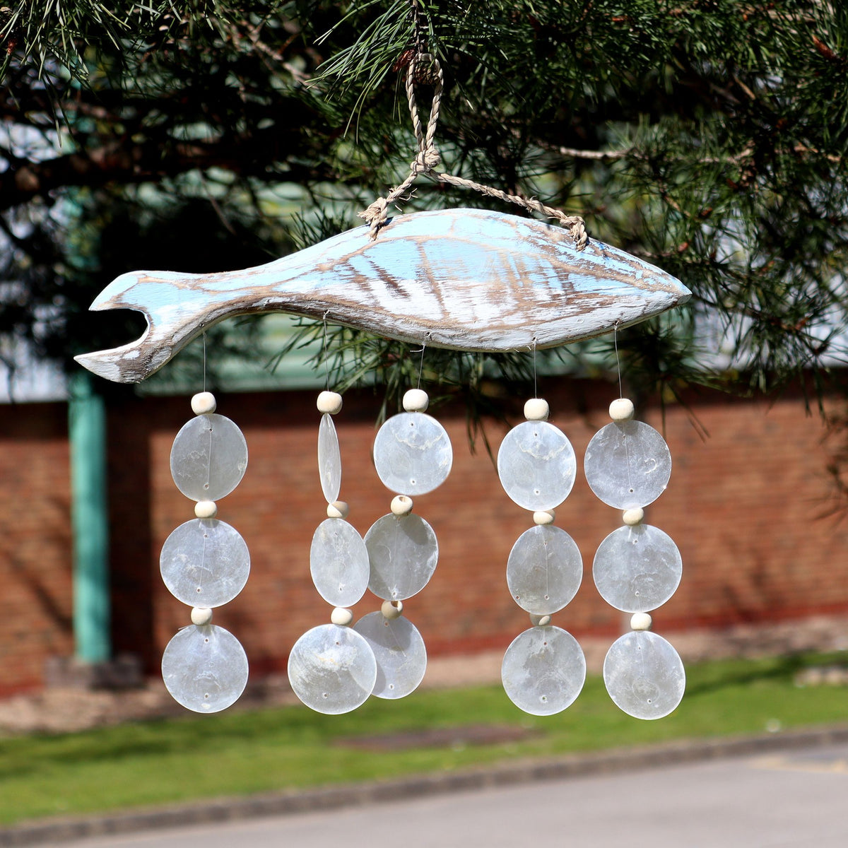 Bluewash Fish Carving & Natural Capiz Wind Chime – view 4