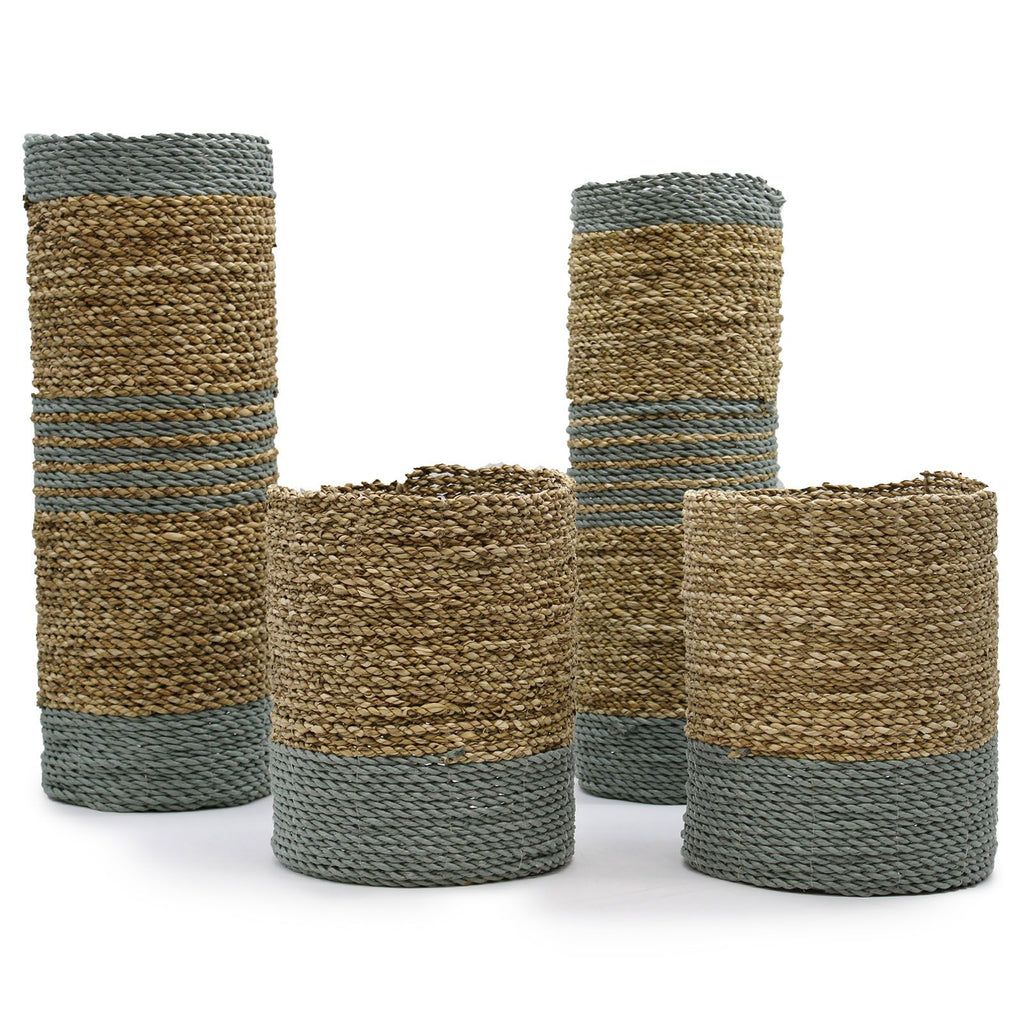 Seagrass and Grey Raffia Vase and Bin Set (2 Vases, 2 Bins)