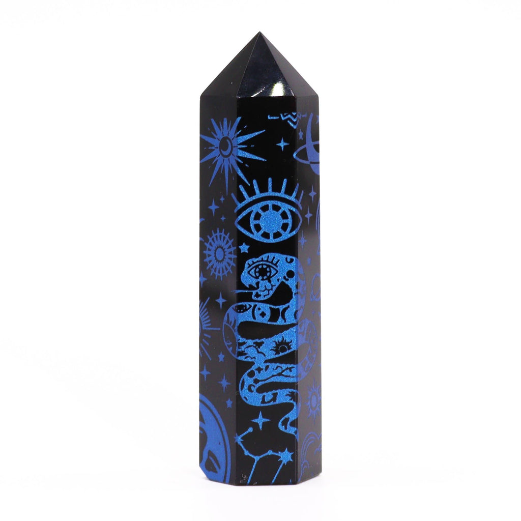 Engraved Black Obsidian Point - Midnight Blue Celestial Symbols – view 7