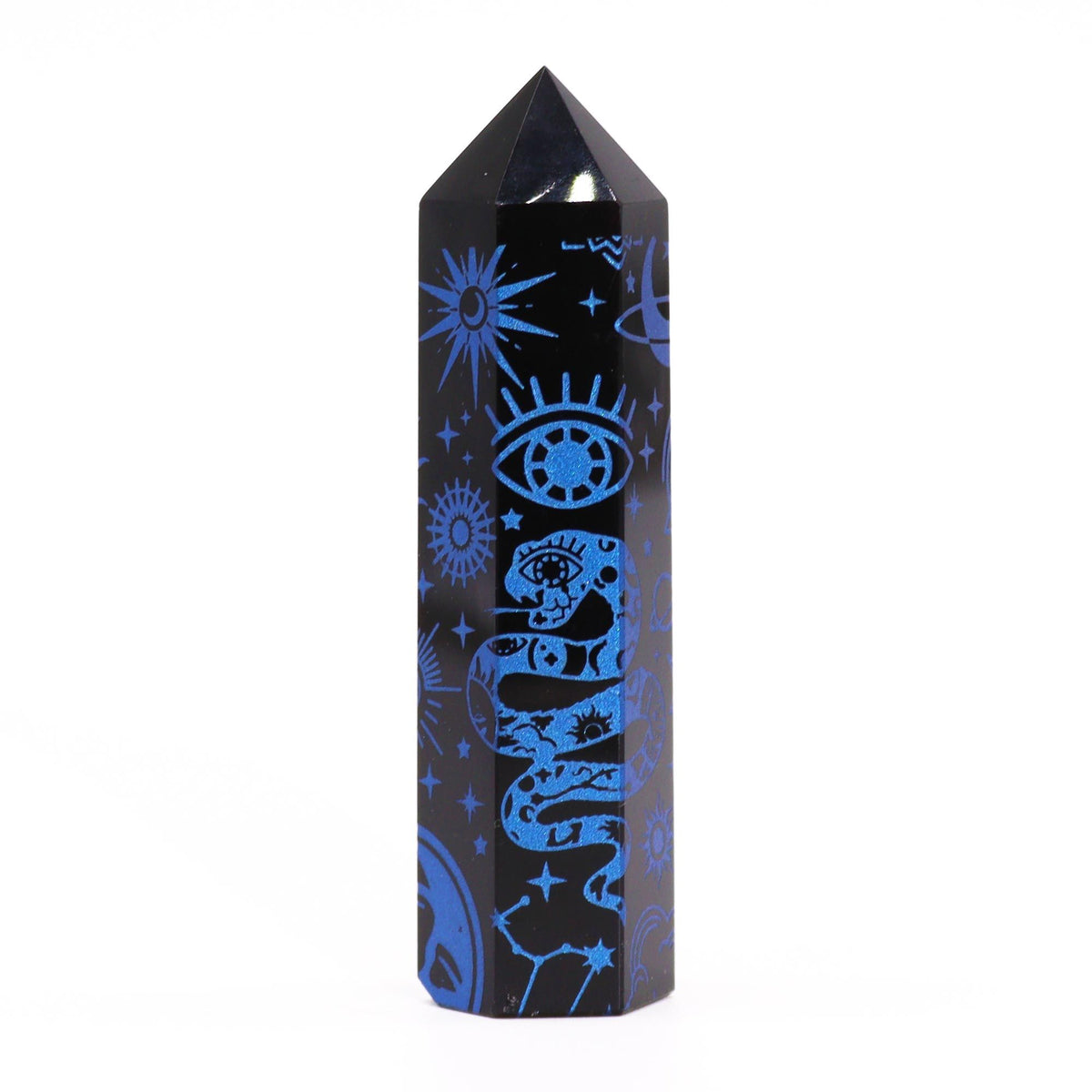 Engraved Black Obsidian Point - Midnight Blue Celestial Symbols – view 7