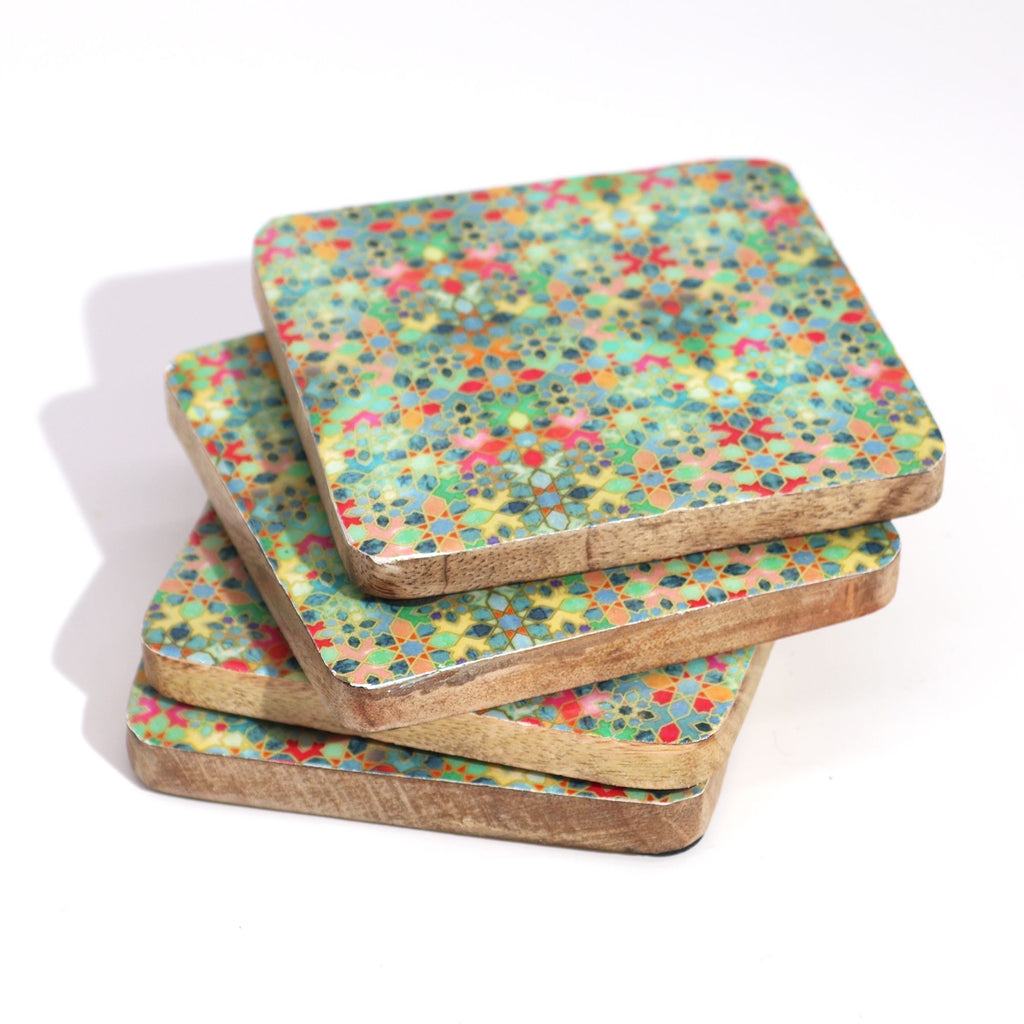Set of 4 Square Mango Wood Coasters - Tile Pattern – view 4