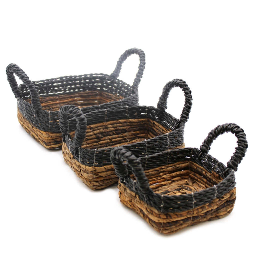 Banana Leaf & Black Raffia Square Baskets, Set of 3 – view 4