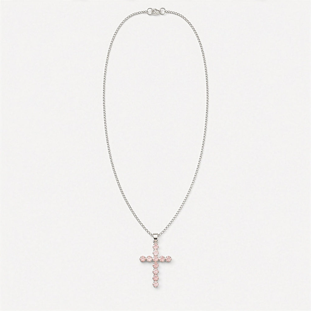 Rose Quartz Crucifix Pendant Necklace on Silver Plated Chain