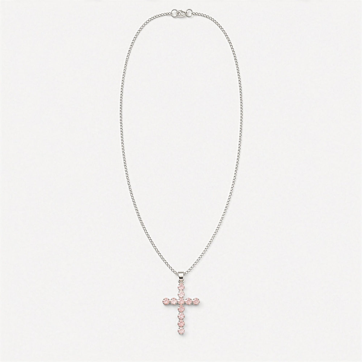 Rose Quartz Crucifix Pendant Necklace on Silver Plated Chain