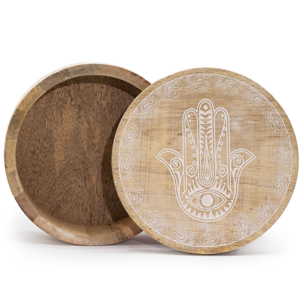 Mango Wood Round Box, Hamsa Whitewash