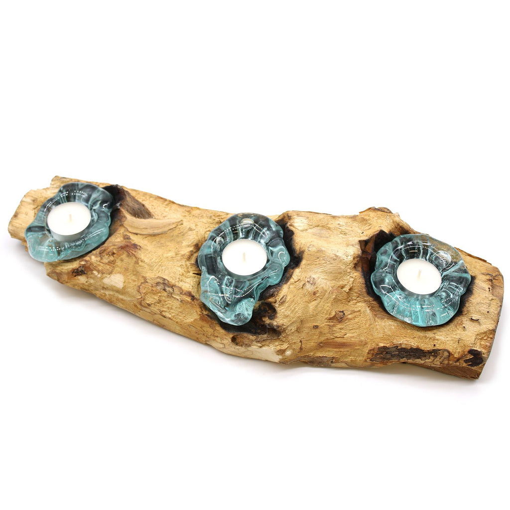 Molten Glass Flat Triple Candle Holder on Wood – view 6