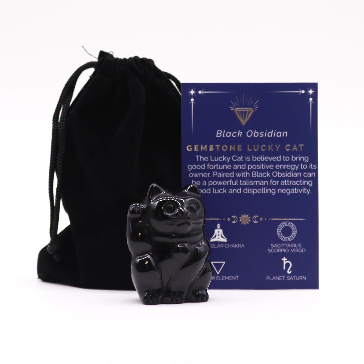Black Obsidian Lucky Cat Figure 50x35x25mm