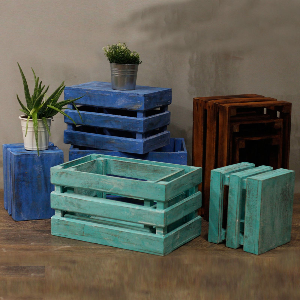 Set of 3 Wooden Storage Boxes - Bluewash – view 2