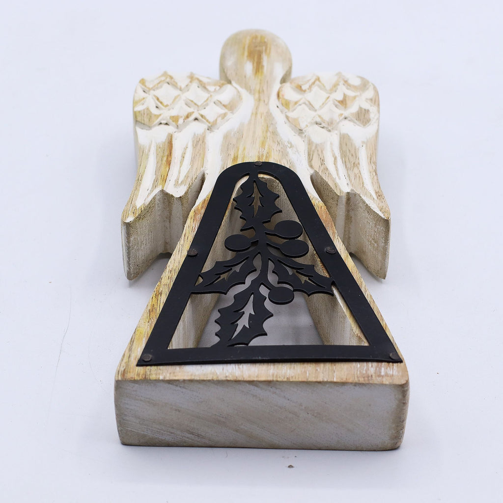 Mango Wood Angel - Whitewash, Iron Holly Cut-Out – view 4