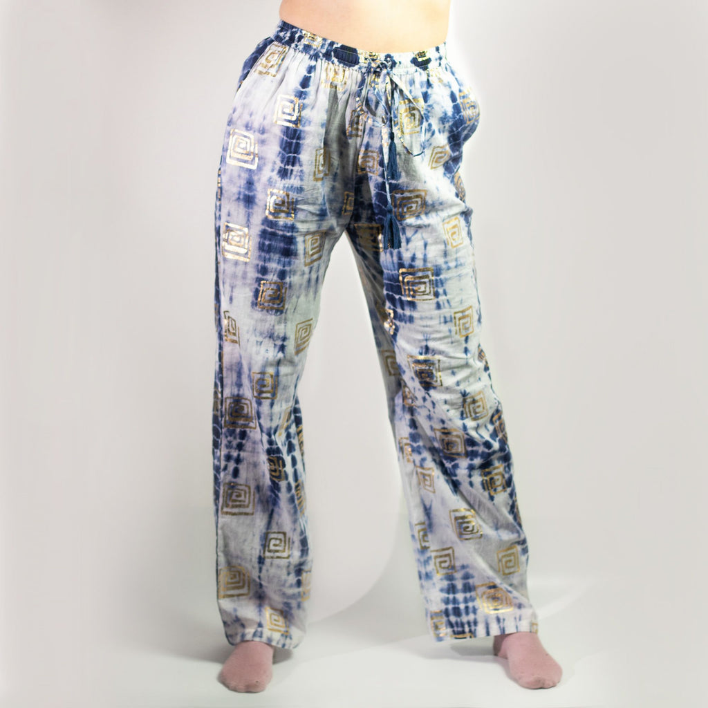 Nomad Sari Hand-Painted Lounge Pants - Gold & Blue Greek Motif M/L – view 9