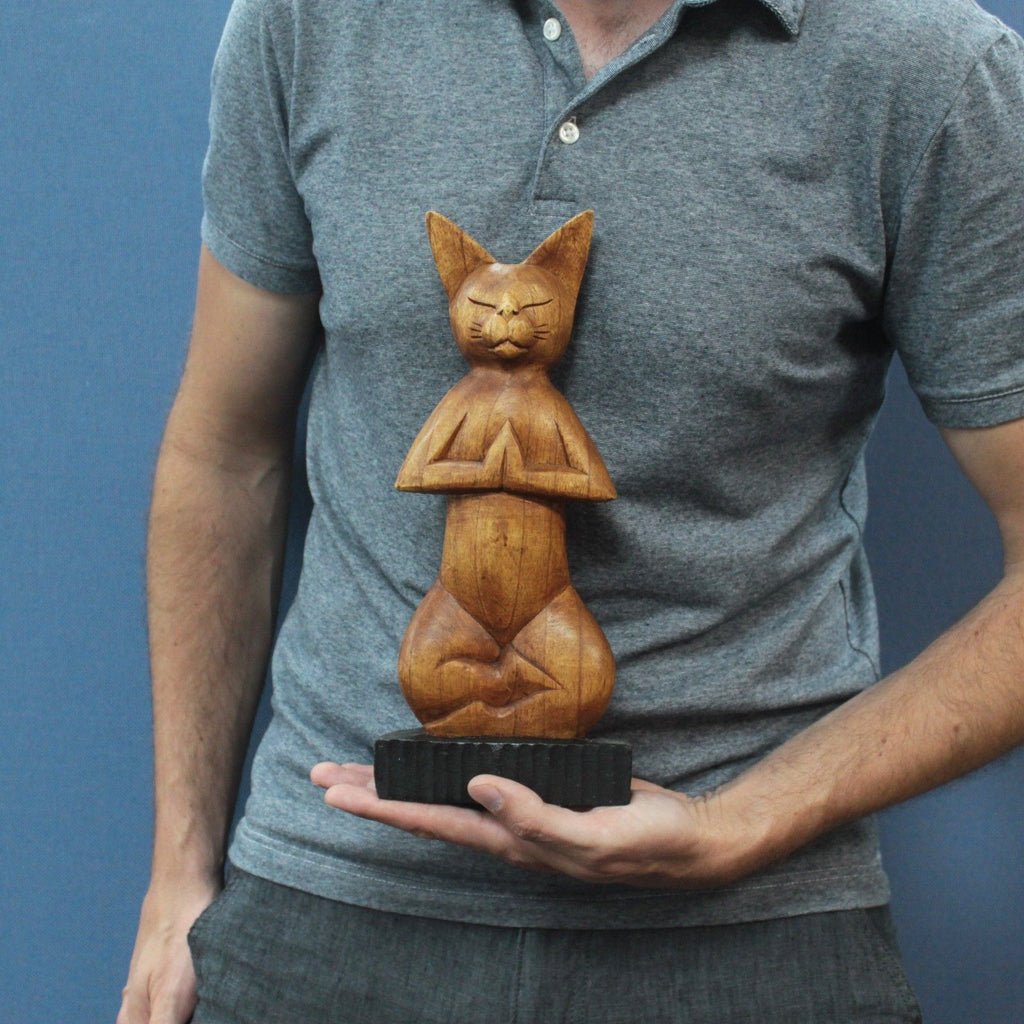 Hand-Carved Yoga Cat Statue - Lotus Pose, Suar Wood – view 2