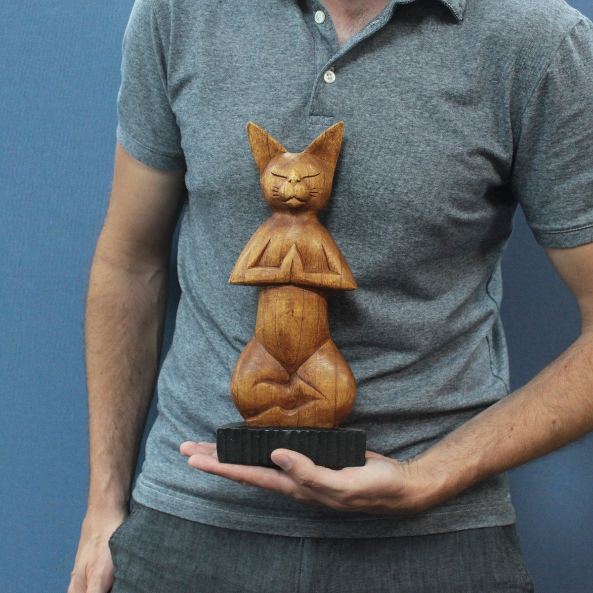 Hand-Carved Yoga Cat Statue - Lotus Pose, Suar Wood – view 2