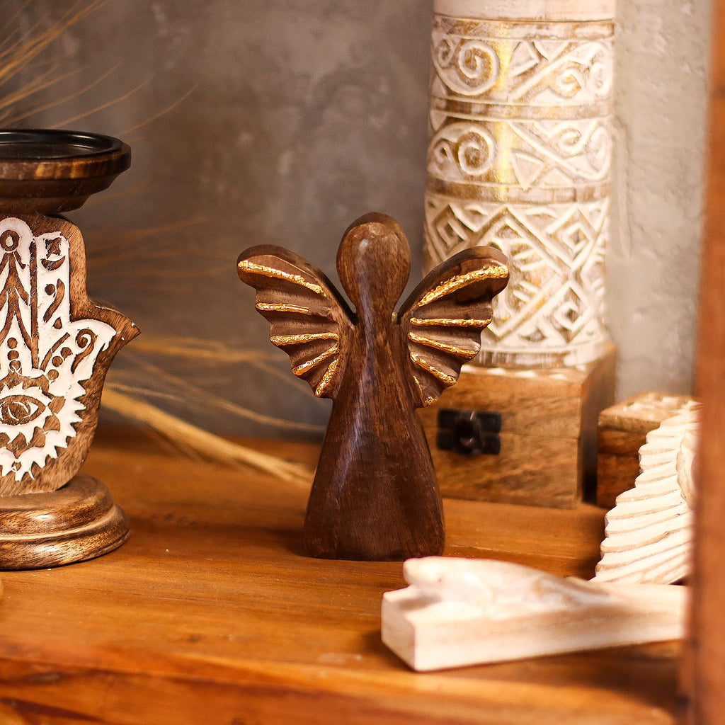Medium Mango Wood Angel - Gold Wings, 16cm