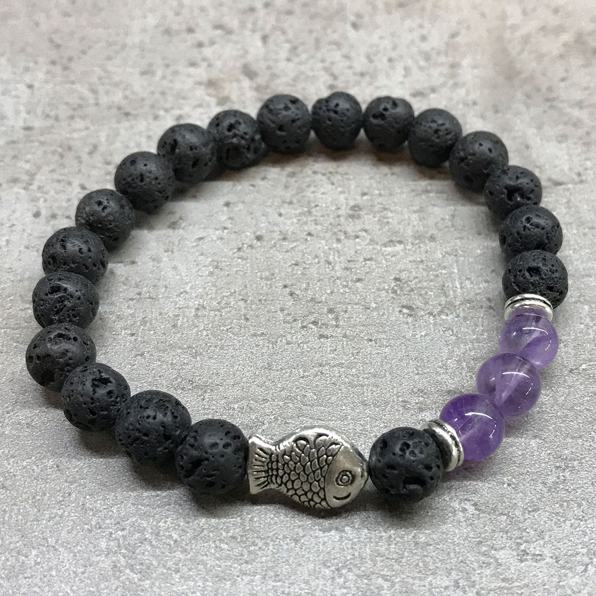 Lava Stone Bracelet with Fish Charm and Amethyst