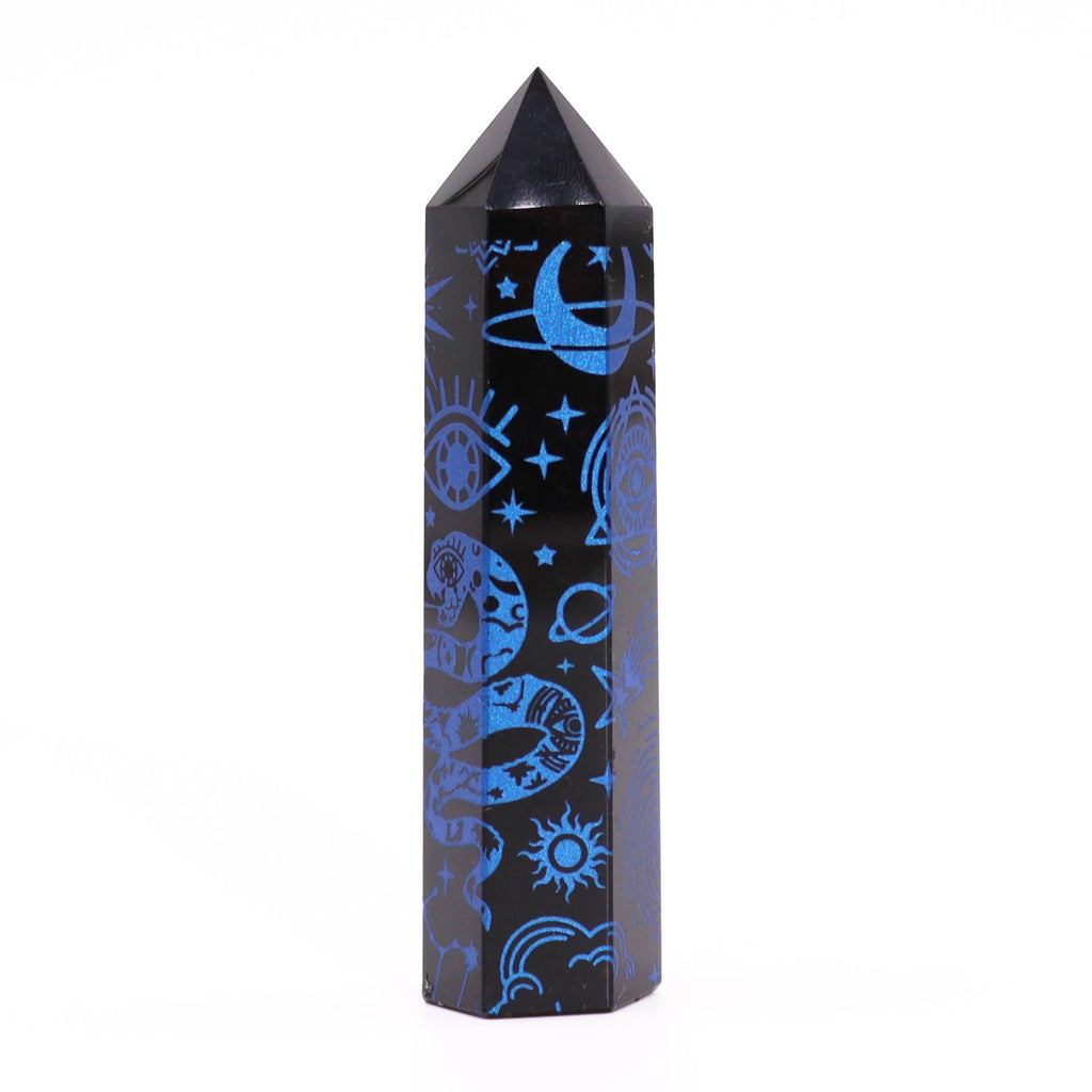Engraved Black Obsidian Point - Midnight Blue Celestial Symbols – view 6